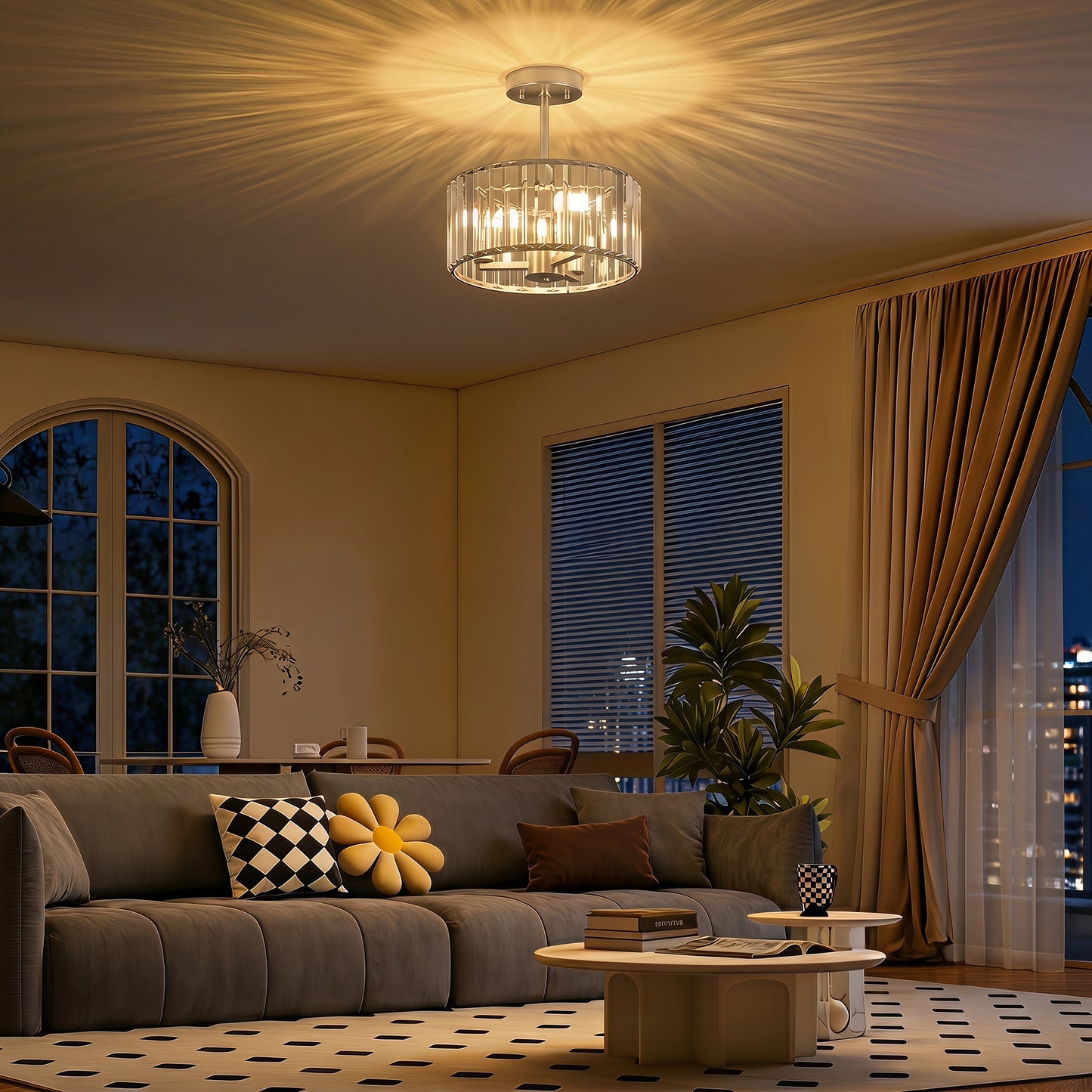 LightGlow Premium Semi Flush Mount Modern Crystal Chandelier Ceiling Light, Crystal Ceiling Light Fixture with E14 Base, Silver Tone