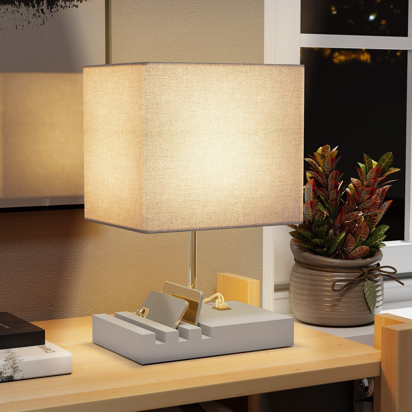 LightGlow Premium Bedside Lamp with USB A+C Charging Ports and 3 Phone Stands, Modern Table Lamp with Solid Wood Base and Fabric Shade for Bedroom Living Room Office, E27 Socket, Bulb Not Included, Grey