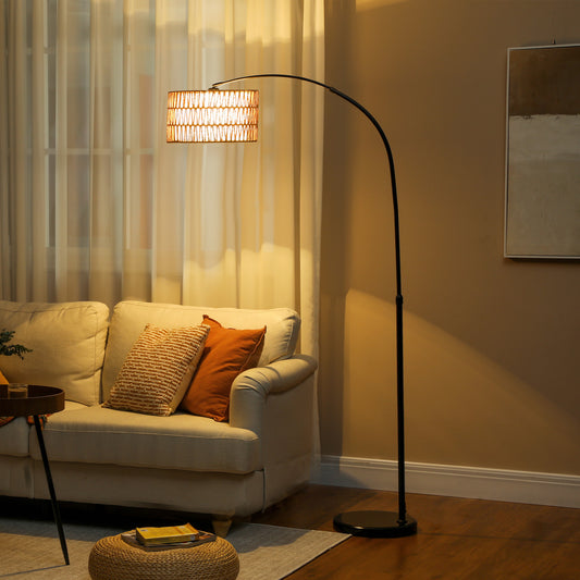 LightGlow Premium Rattan Floor Lamp for Living Room, Farmhouse Arc Standing Lamp with Dual-Layer Shade & Foot Switch, Height Adjustable Minimalist Tall Pole Lampshade for Bedroom, Office, Black