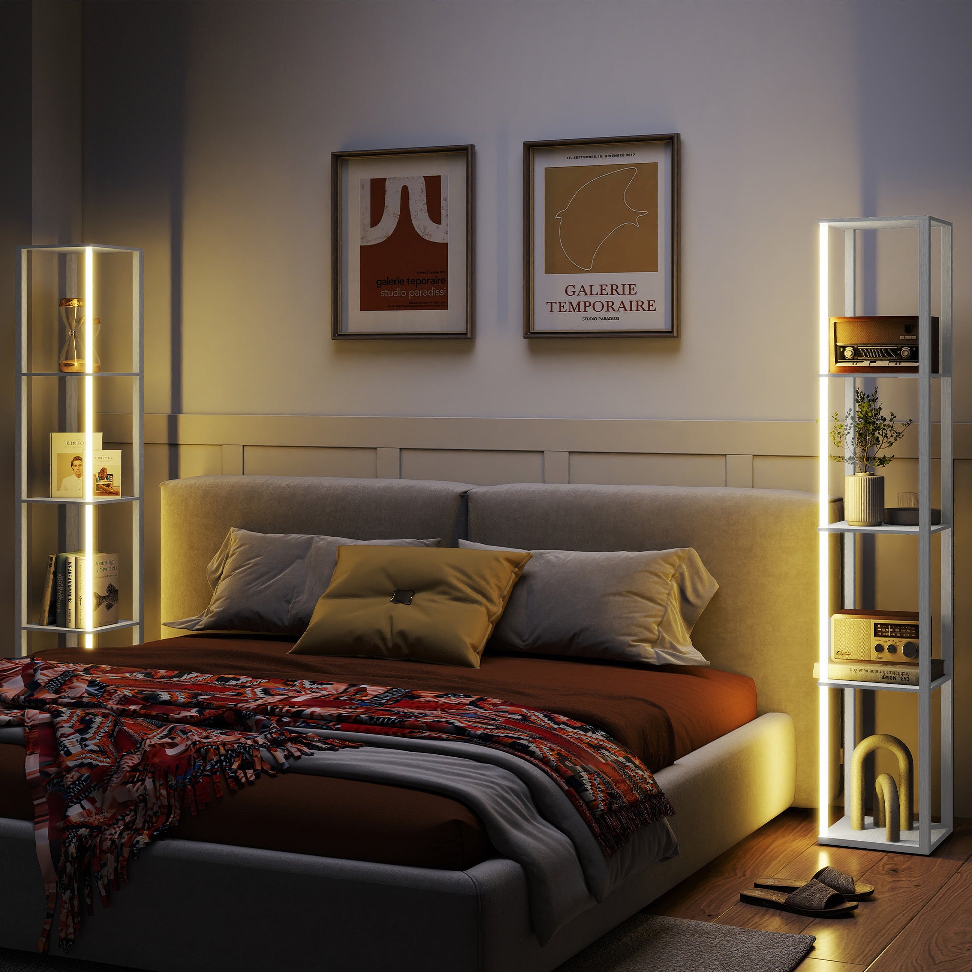 LightGlow Premium RGB LED Floor Lamp with Shelves, Modern Dimmable Standing Lamp with Remote Control, Adjustable Brightness & Speed for Living Room, Bedroom, Office, Oak