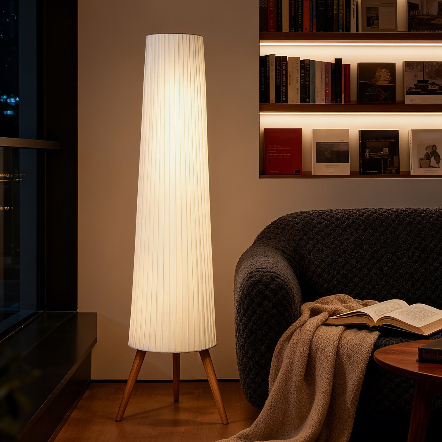 LightGlow Premium Dimmable Tripod Floor Lamp with Foot Switch, Nordic Standing Lamp with Fabric Shade, 153cm, White, White and Natural