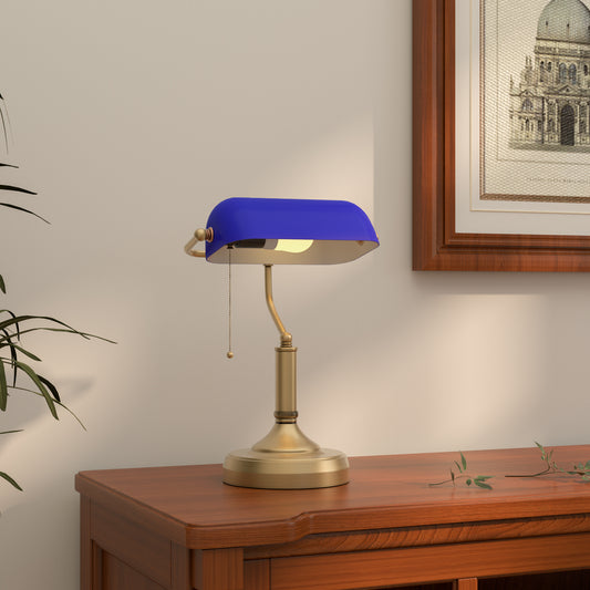 LightGlow Premium Banker's Desk Lamp with Antique Bronze Tone Base, Table Lamp with Blue Glass Shade for Home Office, Blue