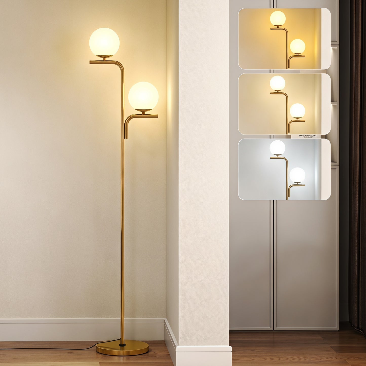 LightGlow Premium LED Floor Lamp, Modern Standing Lamp with 3 Colour Temperatures, Globe Glass Shades and Foot Switch, Gold Tone