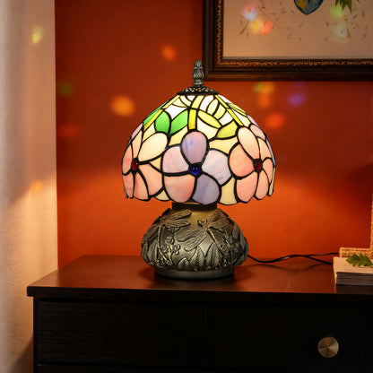 LightGlow Premium Tiffany-Style Table Lamp with Sculpted Dragonfly Base, Handcrafted Classic Stained Glass Bedside Lamp for Living Room and Bedroom, E27 Socket, Pink
