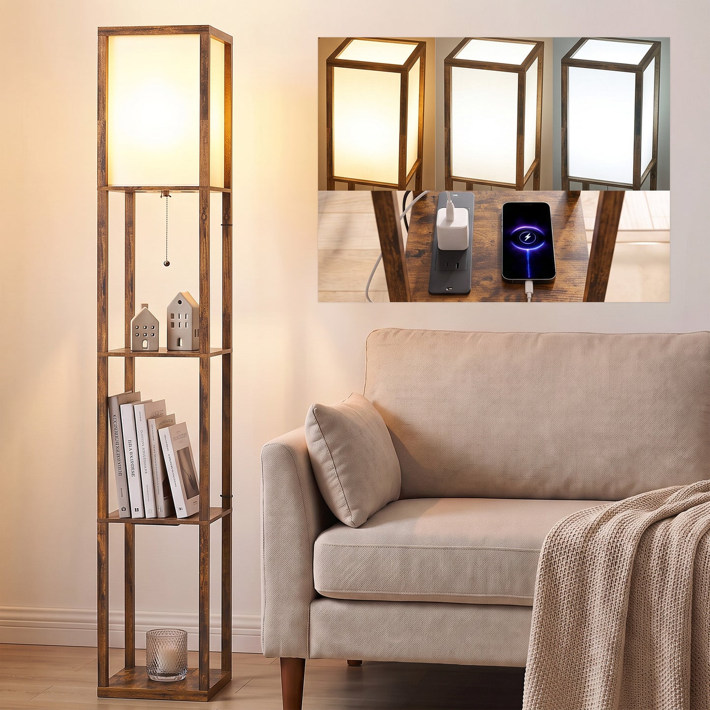 LightGlow Premium Floor Lamp with Shelves, 4 Layer Standing Lamp with USB Ports, 3 Colour Temperature, Rustic Brown