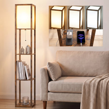 LightGlow Premium Floor Lamp with Shelves, 4 Layer Standing Lamp with USB Ports, 3 Colour Temperature, Rustic Brown