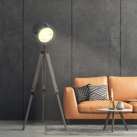 LightGlow Premium Floor Lamp with Adjustable Tripod for Living Room Bedroom, Vintage Spotlight Reading Lamp with Wood Legs, 115-155cm, Grey