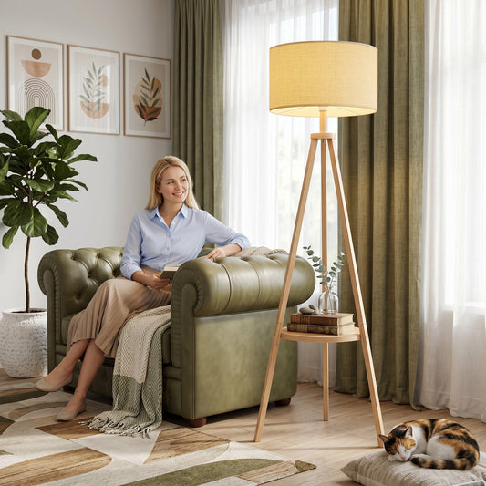 LightGlow Premium Bedside Light, Tripod Floor Lamp with Storage Shelf and Linen Shade for Living Room, 160cm, Natural Wood Colour