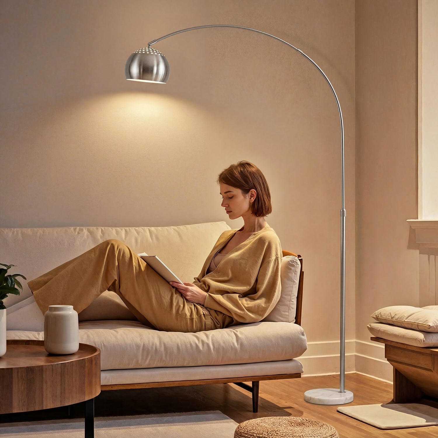 LightGlow Premium Arc Floor Lamp for Living Room, Modern Adjustable Standing Lamp with Faux Black Marble Base Silver Tone