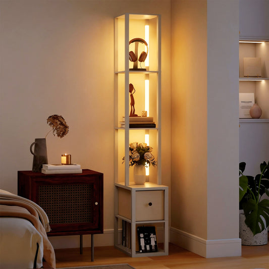 LightGlow Premium Floor Lamp with Shelves, LED Column Modern Standing Lamp with Fabric Drawer, Adjustable Brightness, Foot Switch for Living Room, Bedroom, Office, Oak