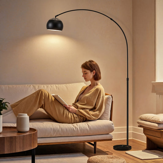 LightGlow Premium Arc Floor Lamp for Living Room, Modern Adjustable Standing Lamp with Faux Black Marble Base Black