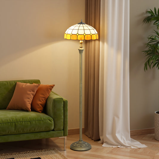 LightGlow Premium Tiffany-Style Floor Lamp with Handcrafted Stained Glass Shade, 152cm Tall Vintage Standing Lamp with Foot Switch and Dual Sockets for Living Room Bedroom, Bronze Tone and Orange