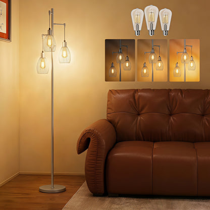 LightGlow Premium 170.5cm Industrial Dimmable Standing Lamp, 3-Light Floor Lamp with Steel Wire Cage Lampshades, Silver Tone