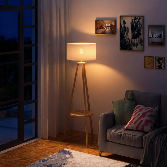 LightGlow Premium Tripod Floor Lamp, Freestanding Bedside Light Reading Light with Storage Shelf and Linen Shade for Living Room Bedroom, 154cm, Cream