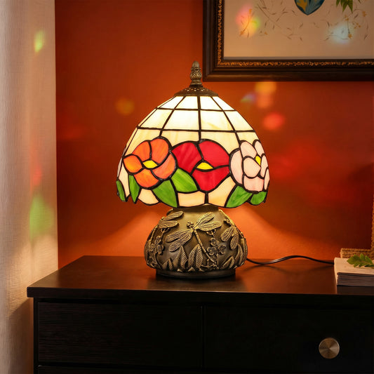 LightGlow Premium Handcrafted Classic Stained Glass Bedside Lamp, Tiffany-Style Table Lamp with Sculpted Dragonfly Base, Multi-Coloured