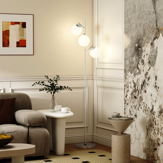LightGlow Premium 3-Light Tree Floor Lamps for Living Room, Modern Standing Lamp for Bedroom with Globe Lampshade, 3000K/4000K/6000K Colour Temperatures, Steel Base, Silver Tone
