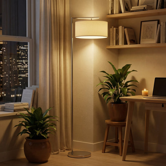 LightGlow Premium Floor Lamp, Modern Standing Lamp with Linen Lampshade, Round Base for Living Room, Bedroom, Dining Room, 153cm, Silver Tone
