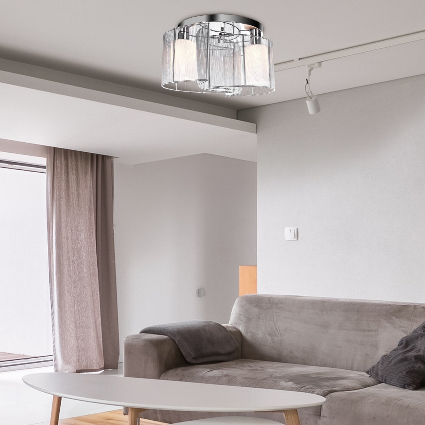 LightGlow Premium Modern Chandelier, Semi-Flush Mount Ceiling Light with Glass Lampshade, 2 x E27 Bulb Base for Hallway, Dining Room, Living Room, White and Silver