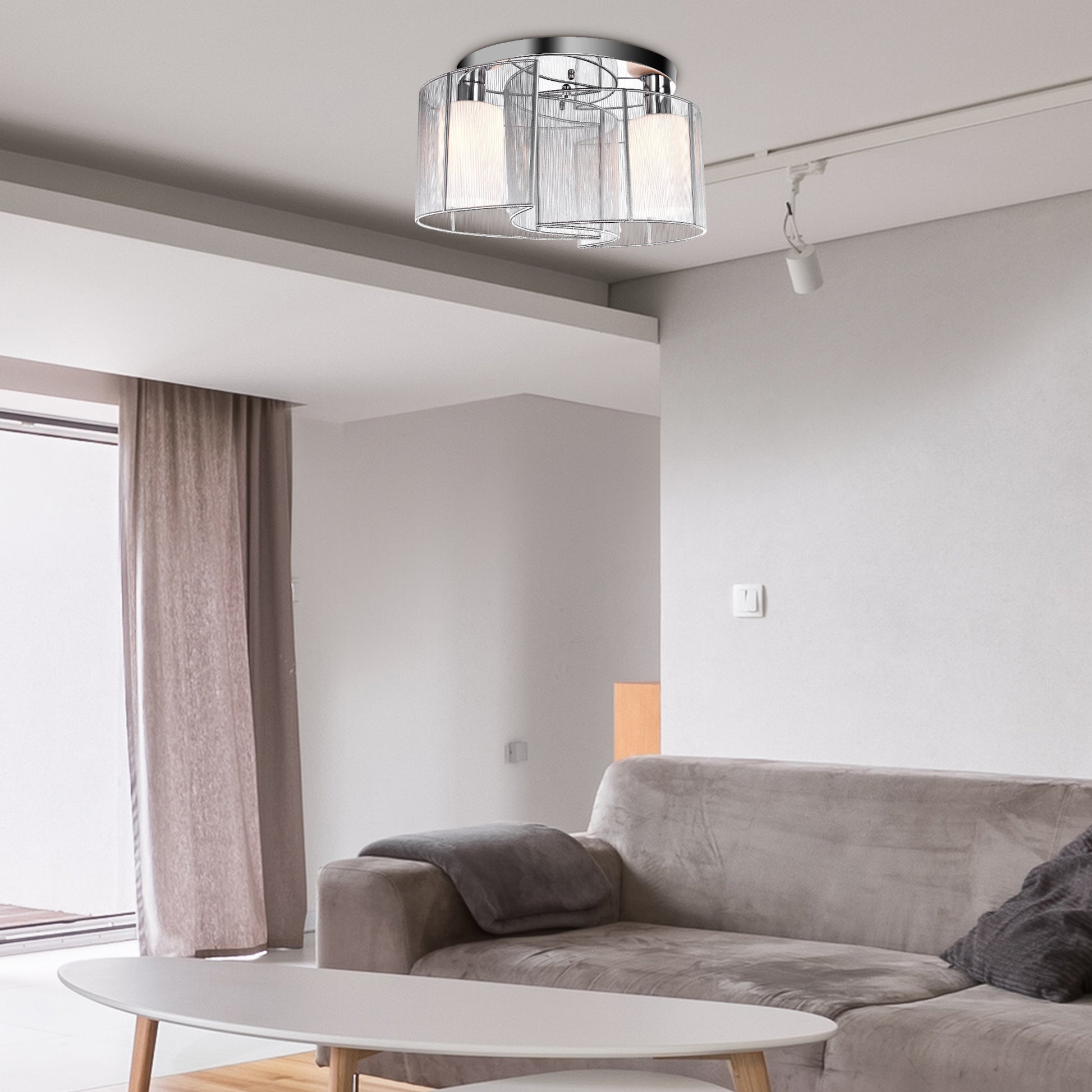 LightGlow Premium Modern Chandelier, Semi-Flush Mount Ceiling Light with Glass Lampshade, 2 x E27 Bulb Base for Hallway, Dining Room, Living Room, White and Silver