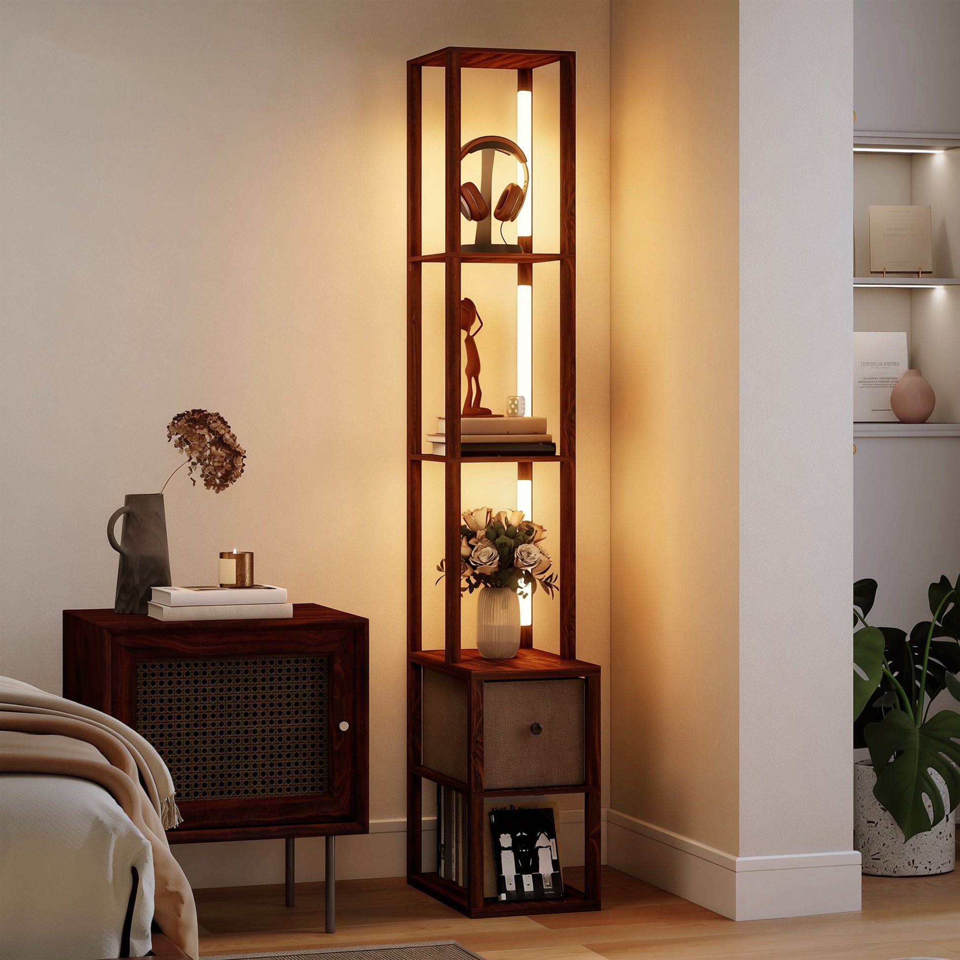 LightGlow Premium Floor Lamp with Shelves, LED Column Modern Standing Lamp with Fabric Drawer, Adjustable Brightness, Foot Switch for Living Room, Bedroom, Office, Dark Brown