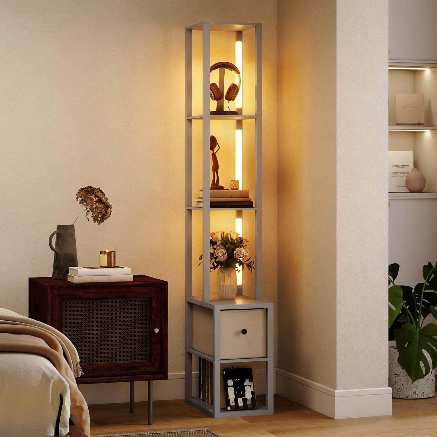 LightGlow Premium Floor Lamp with Shelves, LED Column Modern Standing Lamp with Fabric Drawer, Adjustable Brightness, Foot Switch for Living Room, Bedroom, Office, Grey