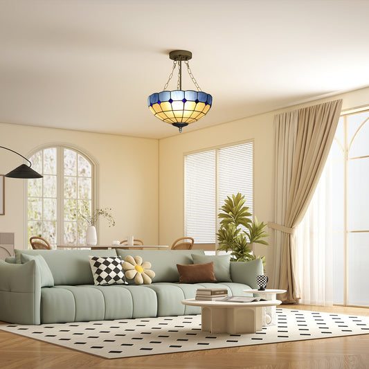 LightGlow Premium Tiffany Style Ceiling Light, Vintage Chandelier with 3 E27 Sockets, Semi Flush Mount for Living Room, Bulbs Not Included