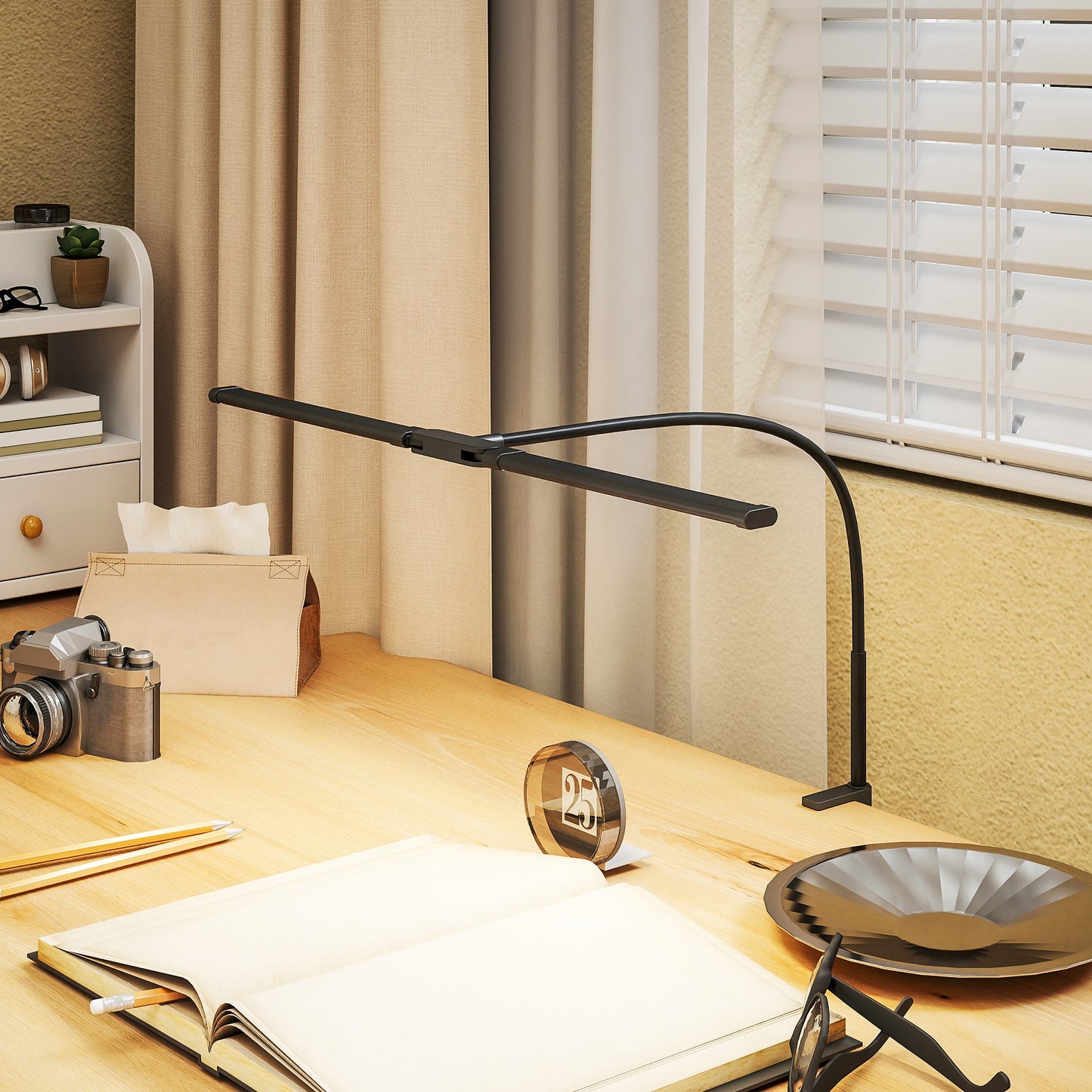 LightGlow Premium LED Desk Lamp with Clamp, Double Head Table Lamp with 3 Colour Modes & 10 Brightness Levels, Flexible Gooseneck Reading Desk Light with Timer and Memory Function for Study, Office, Work, Black
