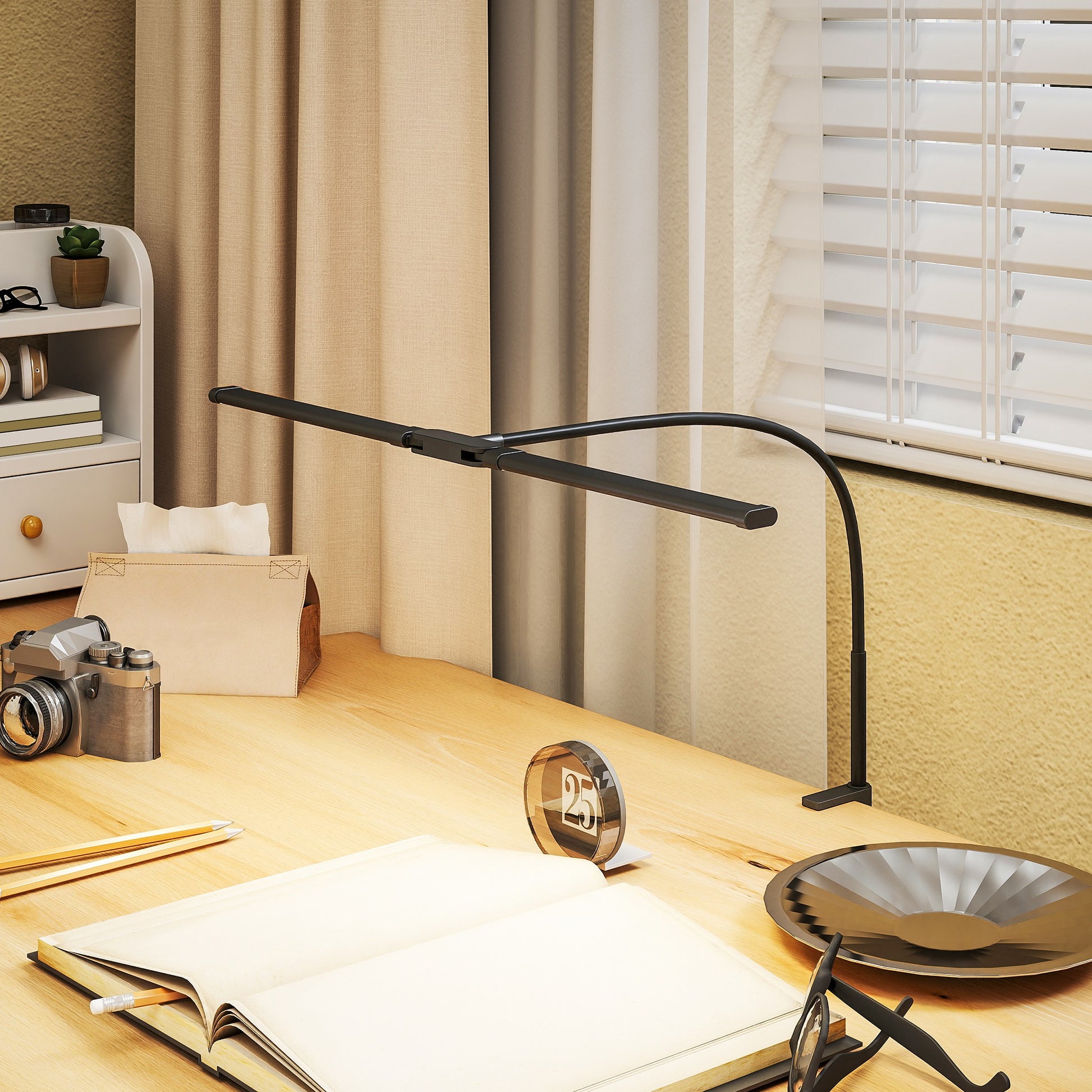 LightGlow Premium LED Desk Lamp with Clamp, Double Head Table Lamp with 3 Colour Modes & 10 Brightness Levels, Flexible Gooseneck Reading Desk Light with Timer and Memory Function for Study, Office, Work, Black