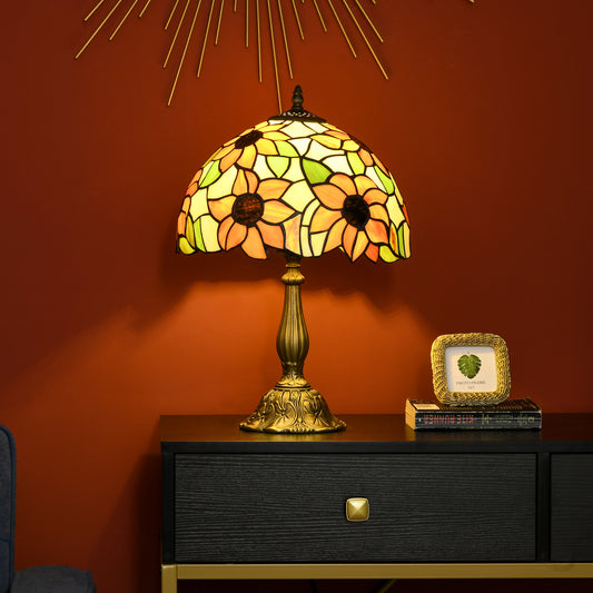 LightGlow Premium Tiffany Stained Glass Table Lamp, Handmade Antique Bedside Lamp for Bedroom, Living room, Home, Nightstand, Decorative Night Light, Orange Sunflower