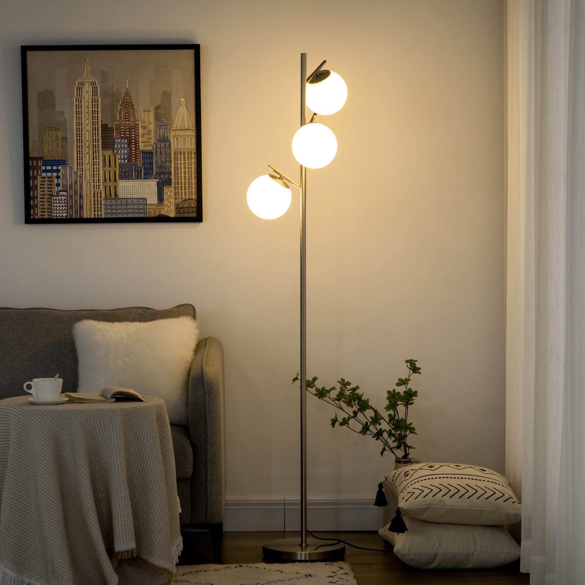 LightGlow Premium 3-Light Tree Floor Lamps for Living Room, Modern Standing Lamp for Bedroom with Globe Lampshade, Steel Base, Bulb not Included, Silver Tone