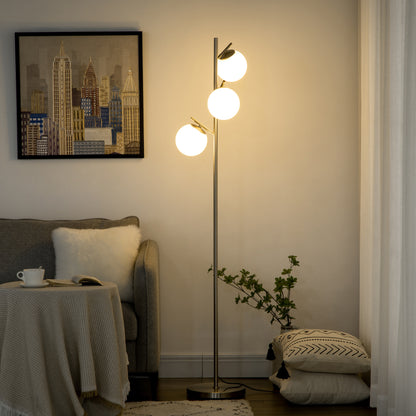 LightGlow Premium 3-Light Tree Floor Lamps for Living Room, Modern Standing Lamp for Bedroom with Globe Lampshade, Steel Base, Bulb not Included, Silver Tone