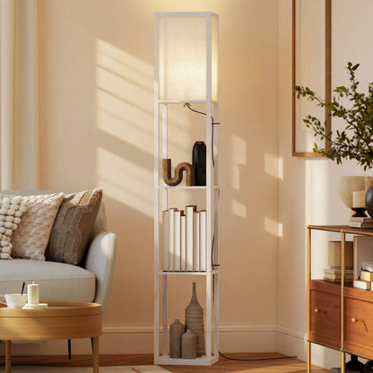 LightGlow Premium 3-Tier Floor Lamp with Shelves and Storage, Modern Corner Standing Lamp with Lampshade, Foot Switch for Living Room, Bedroom, Home Office, Bulb not Included, White