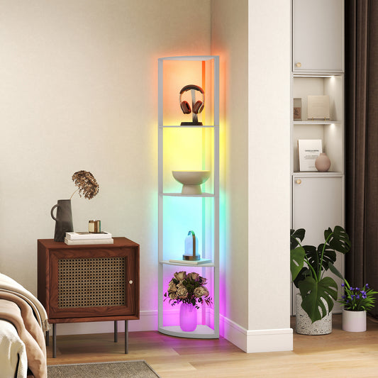 LightGlow Premium RGB LED Floor Lamp with Shelves, 4-Tier Dimmable Standing Lamp with Adjustable Brightness and Remote Control, Modern Corner Display Shelf Unit for Living Room Bedroom Office, Grey