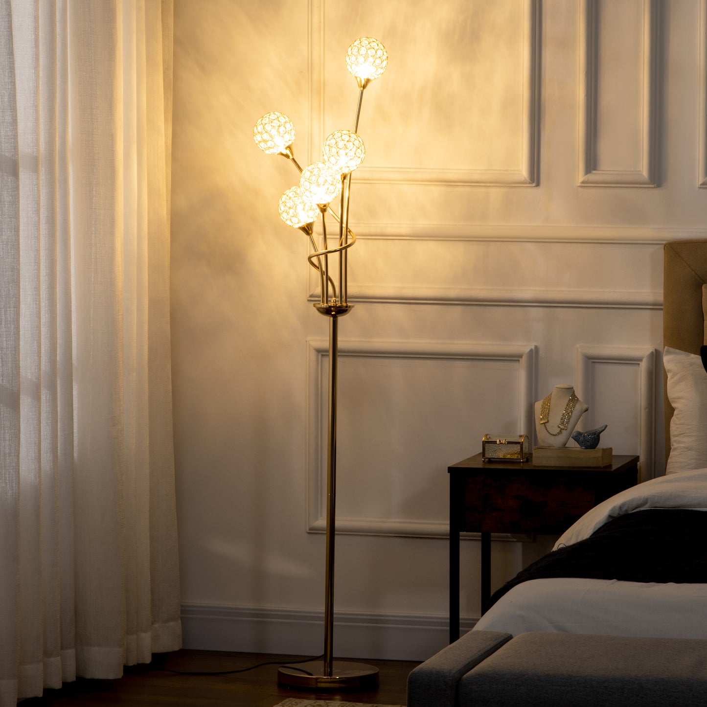 LightGlow Premium Crystal Floor Lamps for Living Room Bedroom with 5 Light, Modern Upright Standing Lamp, 34x25x156cm, Gold Tone