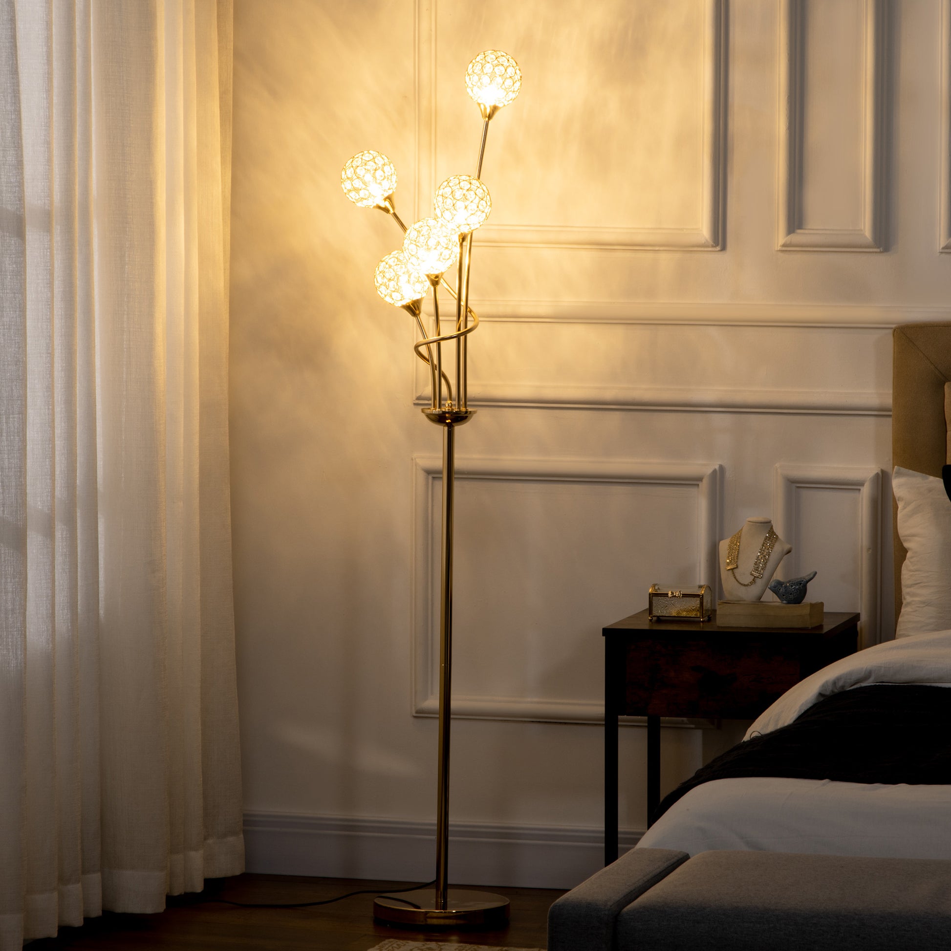 LightGlow Premium Crystal Floor Lamps for Living Room Bedroom with 5 Light, Modern Upright Standing Lamp, 34x25x156cm, Gold Tone