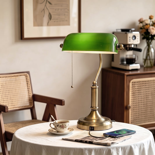 LightGlow Premium Desk Lamp with USB Ports, Banker's Table Lamp Desk Lamp with Vintage Bronze Tone Base and Pull Rope Switch, Green