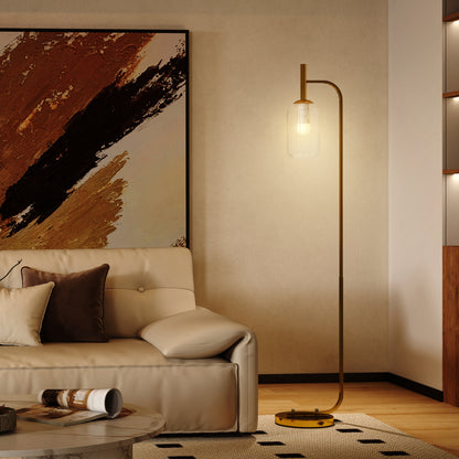 LightGlow Premium LED Floor Lamp for Living Room with Glass Lampshade, Modern Standing Lamp with Foot Switch, Adjustable Brightness, 2700K for Bedroom, Gold Tone