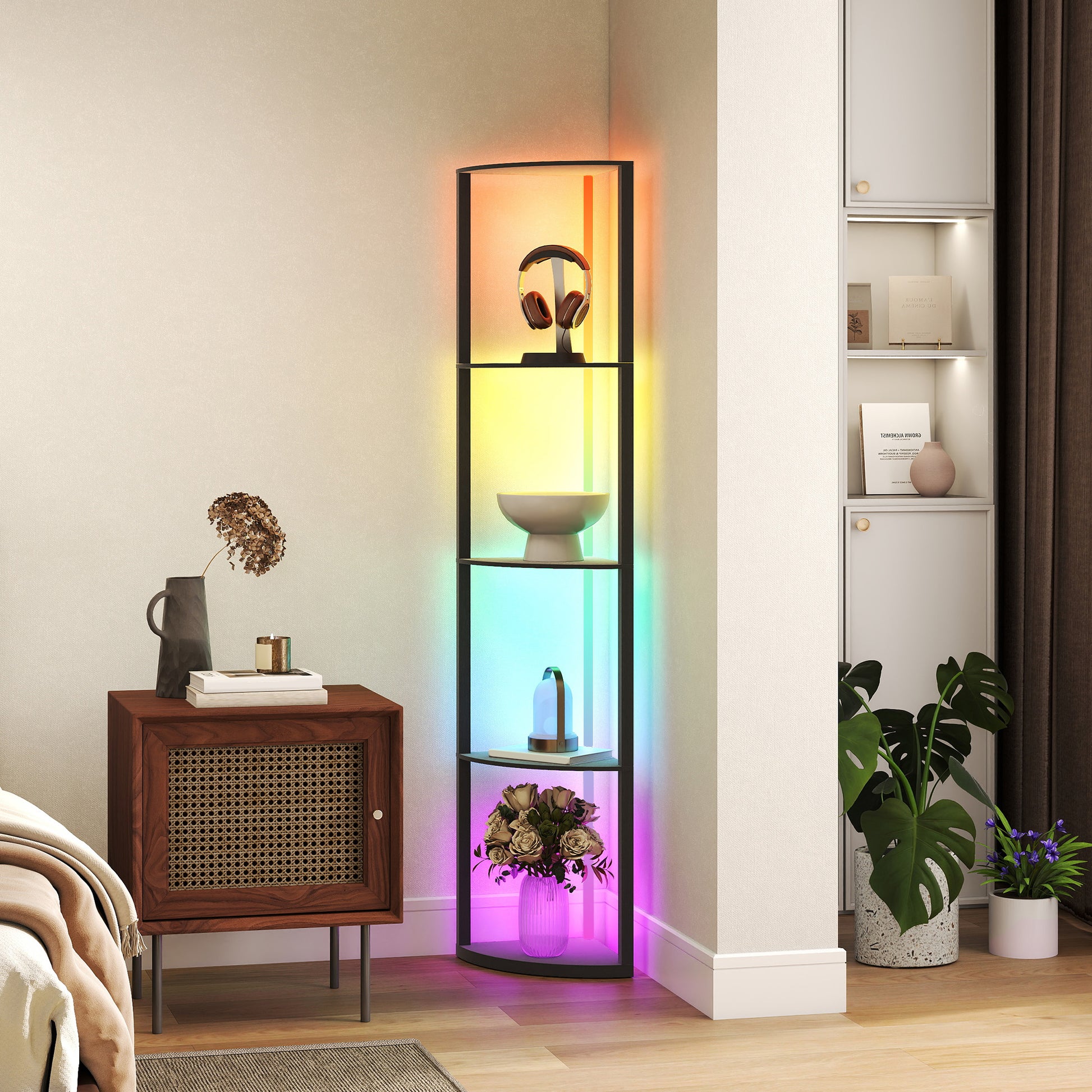 LightGlow Premium RGB LED Floor Lamp with Shelves, 4-Tier Dimmable Standing Lamp with Remote Control, Black