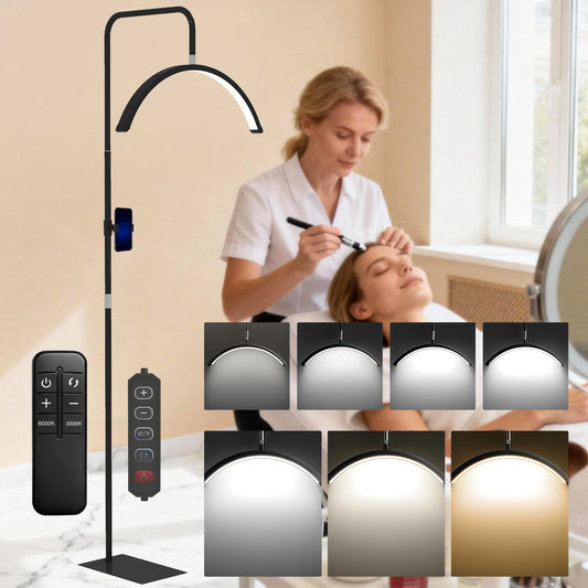 LightGlow Premium Half Moon Lash Light, 350° Rotatable Head, 7 Colours, Dimmable Beauty Floor Lamp, Black