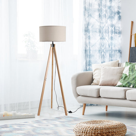 LightGlow Premium Floor Lamp with Elegant Wood Tripod, Free Standing E27 Bulb Lamp Versatile Use For Home Office - Beige