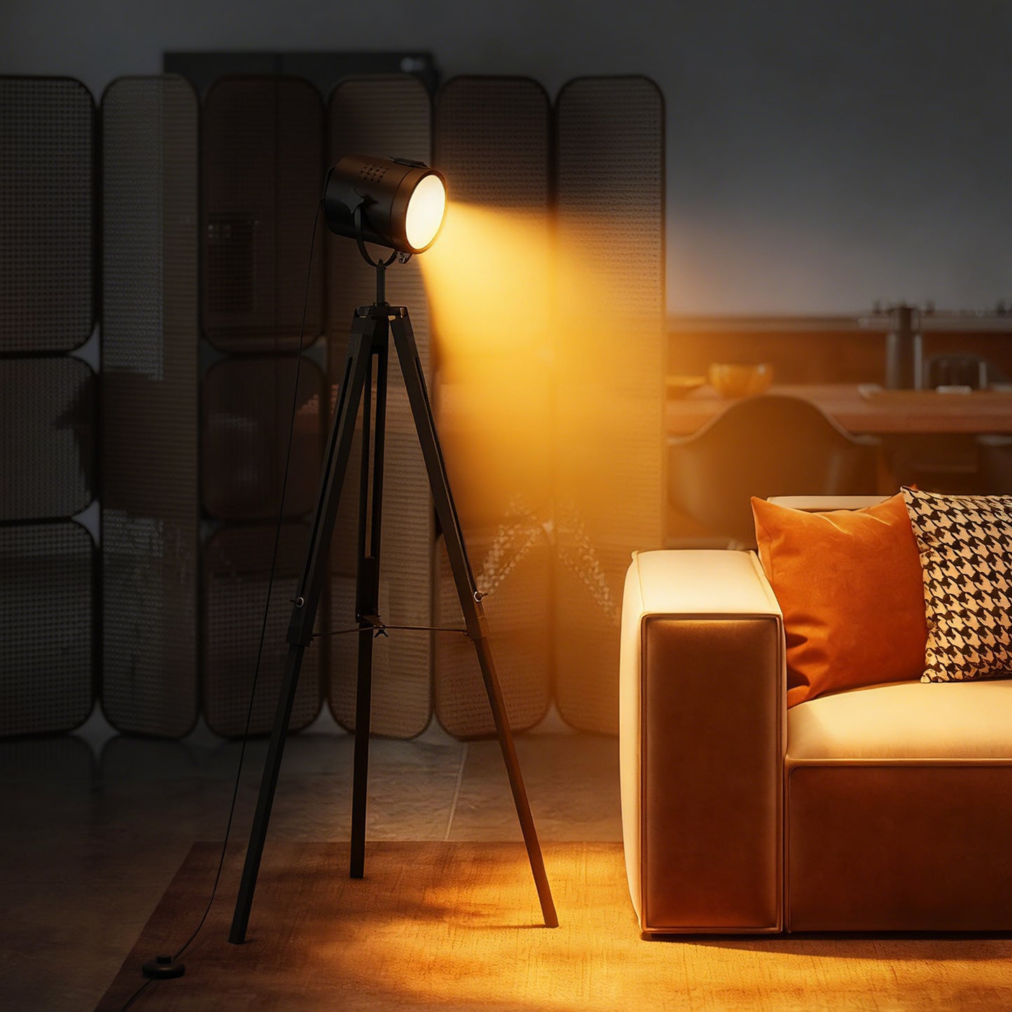 LightGlow Premium Industrial Tripod Floor Lamp, Nautical Searchlight with Adjustable Height, Wood Legs, E14 Lamp Base for Living Room, Bedroom, Black