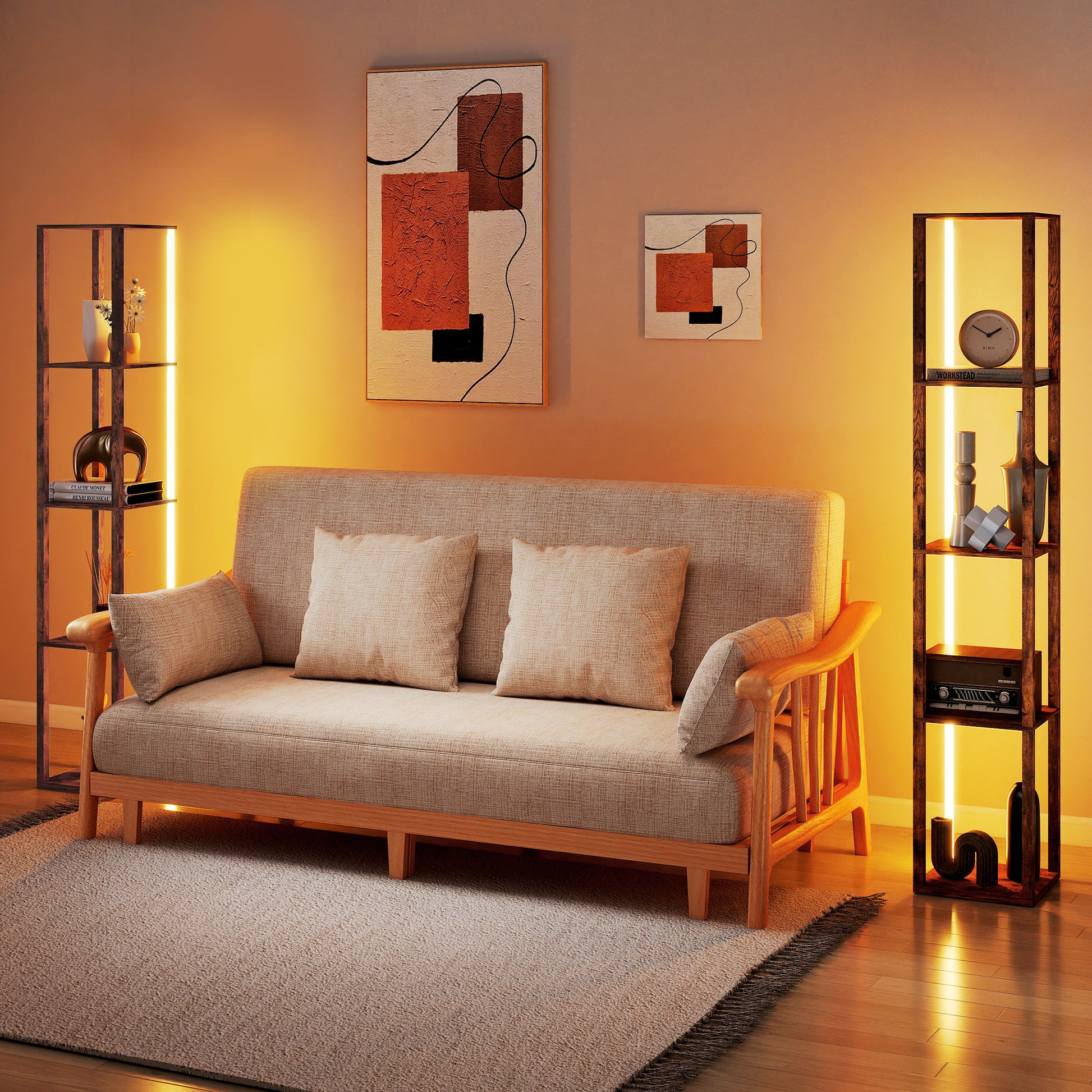 LightGlow Premium RGB LED Floor Lamp with Shelves, Modern Dimmable Standing Lamp with Remote Control, Adjustable Brightness & Speed for Living Room, Bedroom, Office, Rustic Brown