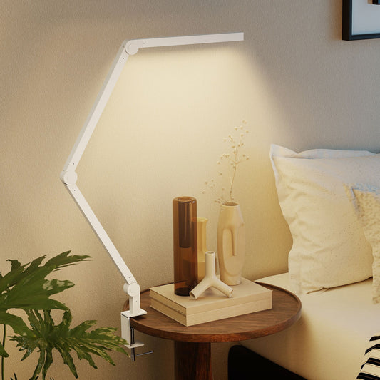 LightGlow Premium LED Desk Lamp, Dimmable Desk Light with Swing Arm and Clamp, Adjustable Eye-Caring Table Lamp with 2 Colour Modes & 5 Brightness Levels for Study, Drawing, Office, Architect, Task, White