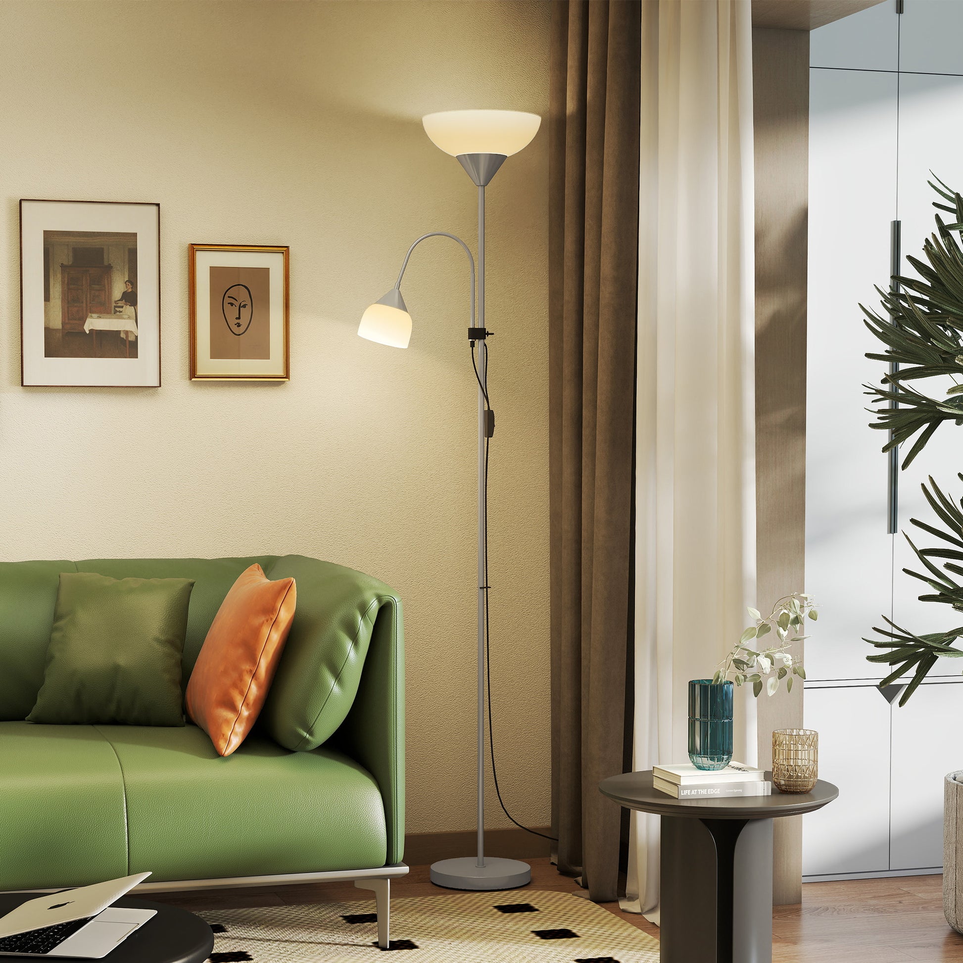 LightGlow Premium LED Floor Lamp for Living Room, 180cm Tall Standing Lamp, Mother and Child Uplighter with Adjustable Gooseneck, 3000K/4500K/6500K Colour Temperatures, Silver Tone