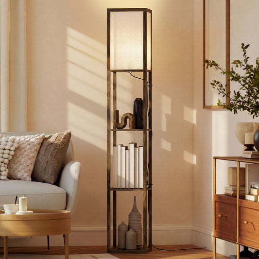 LightGlow Premium 3-Tier Floor Lamp with Shelves and Storage, Modern Corner Standing Lamp with Lampshade, Foot Switch for Living Room, Bedroom, Home Office, Bulb not Included, Brown