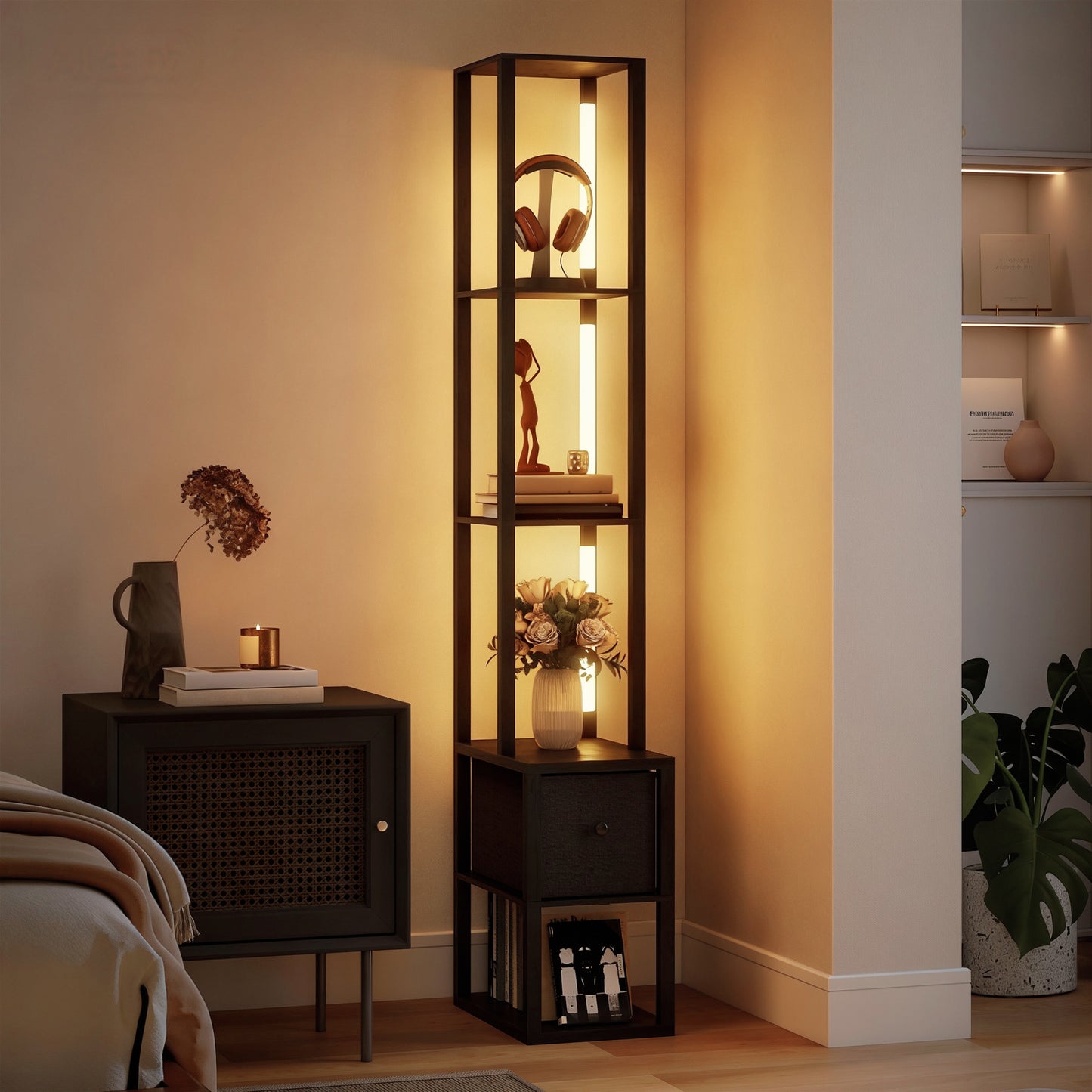 LightGlow Premium Floor Lamp with Shelves, LED Column Modern Standing Lamp with Fabric Drawer, Adjustable Brightness, Foot Switch for Living Room, Bedroom, Office, Black