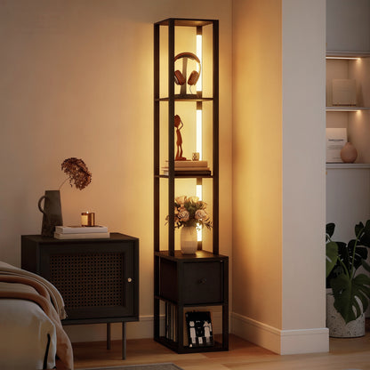 LightGlow Premium Floor Lamp with Shelves, LED Column Modern Standing Lamp with Fabric Drawer, Adjustable Brightness, Foot Switch for Living Room, Bedroom, Office, Black