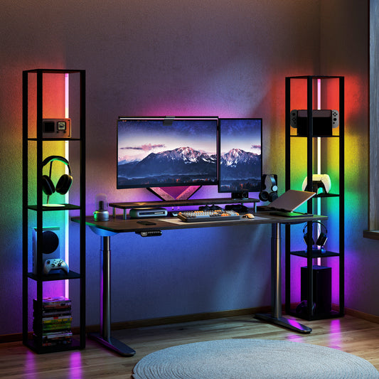 LightGlow Premium RGB LED Floor Lamp with Shelves, Modern Dimmable Standing Lamp with Remote Control, Adjustable Brightness & Speed for Living Room, Bedroom, Office, Black