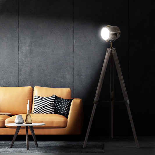 LightGlow Premium Industrial Tripod Floor Lamp, Nautical Searchlight with Adjustable Height, Wood Legs, E14 Lamp Base for Living Room, Bedroom, Grey and Bronze