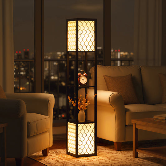LightGlow Premium Floor Lamp with Shelves, Modern Tall Standing Lamps with Fabric Lampshade, Chain Switch and Dual Light for Living Room, Bedroom, Bulb not Included, Black